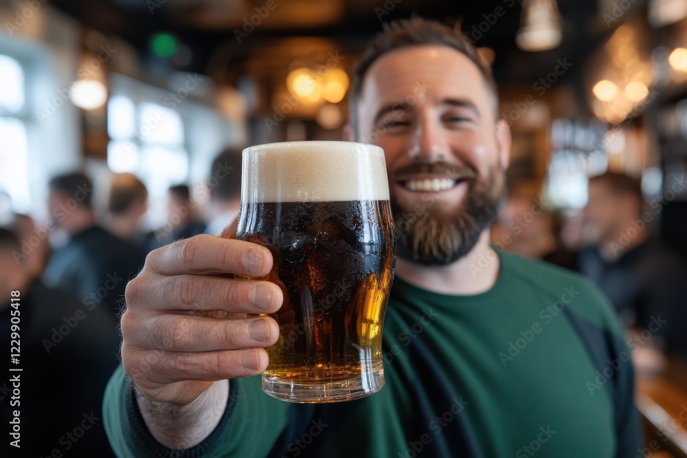 In a cheerful bar setting, a smiling man raises his glass of beer, capturing the joy of social gatherings and the happiness shared among friends and loved ones. In a cheerful bar setting, a smiling man raises his glass of beer, capturing the joy of social gatherings and the happiness shared among friends and loved ones.