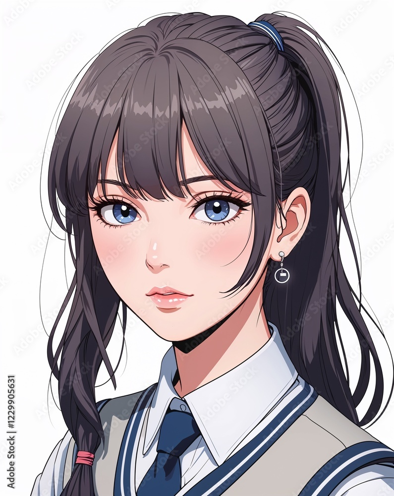 adult female calm ponytail with bangs school uniform anime style on plain white background adult female calm ponytail with bangs school uniform anime style on plain white background