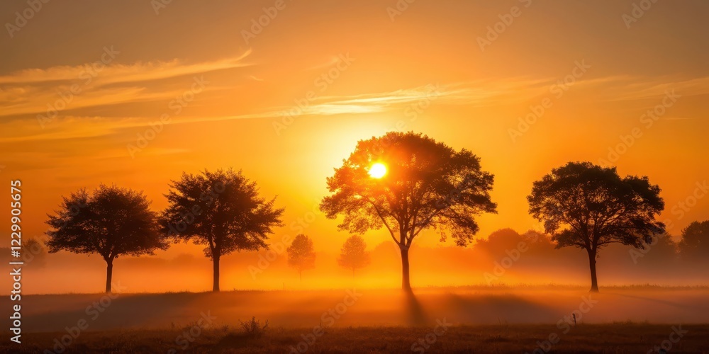 Solar dawn with silhouetted trees, sunrise, morning light,  sunrise, morning light, warm tones, nature