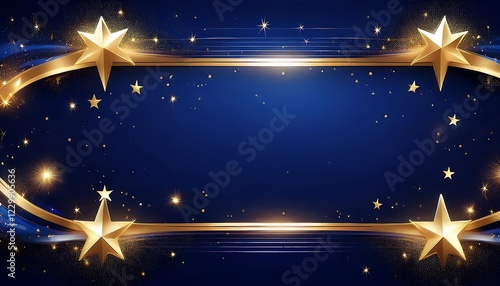 A cool championship banner with a dark navy blue background, decorated with glowing golden stars and light streaks along the edges.