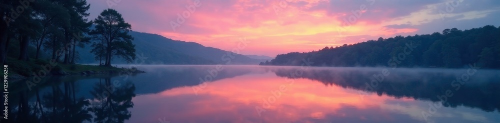 Trees reflected in the stillness of the lake at dusk, serene, lake scene, water
