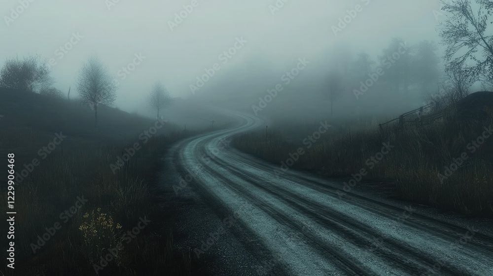 A desolate track on a foggy morning with sharply defined lanes and no movement. A desolate track on a foggy morning with sharply defined lanes and no movement.