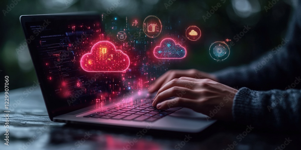 Person typing on laptop with floating digital icons representing various online services and applications Person typing on laptop with floating digital icons representing various online services and applications