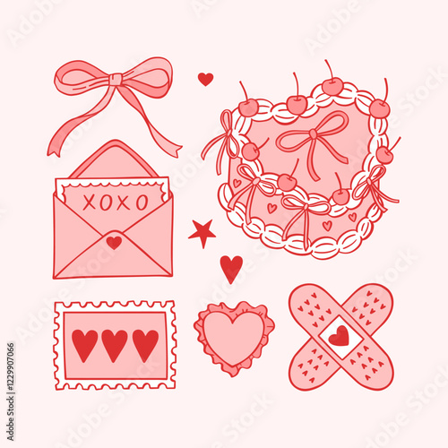 Coquette valentine pink vector elements. Vintage hand drawn illustration of trendy heart shaped cake, love letter, envelope, bow, stamp, patch. Decoration for romantic kawaii designs