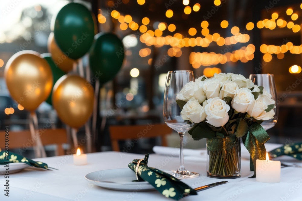 A charming table arrangement featuring white roses, candlelight, and green thematic elements, creating an inviting and elegant atmosphere for festivities and gatherings. A charming table arrangement featuring white roses, candlelight, and green thematic elements, creating an inviting and elegant atmosphere for festivities and gatherings.