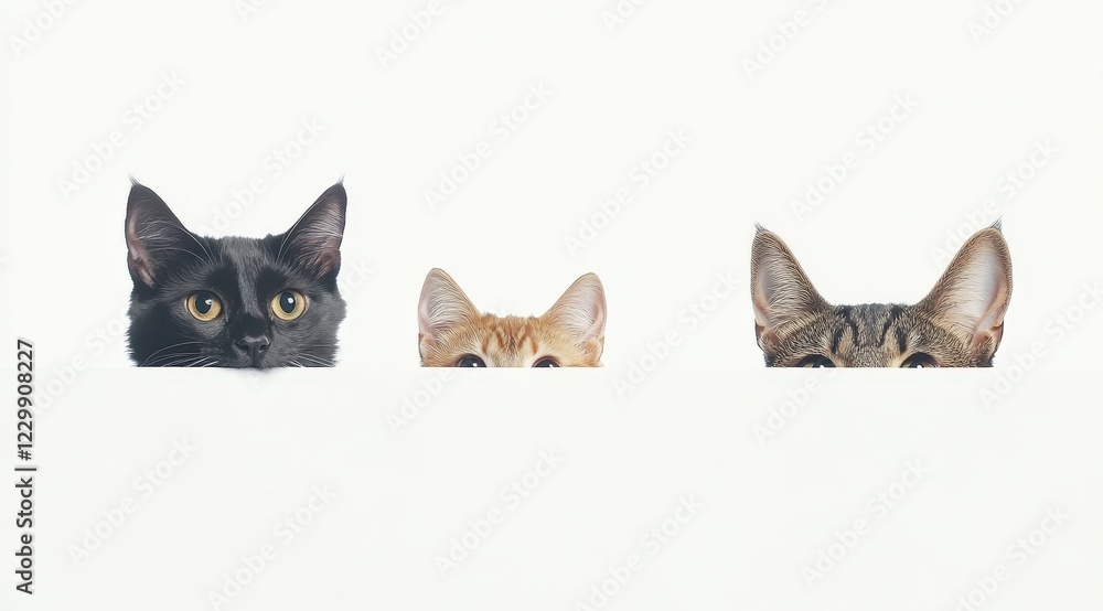 Two adorable cats peeking out playfully from behind a white wall Two adorable cats peeking out playfully from behind a white wall