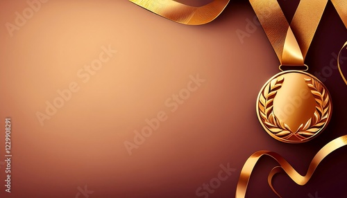 Champion background with gold ribbon and gold medal on the edge, in the middle is empty for text content. champion, championship, win, template.