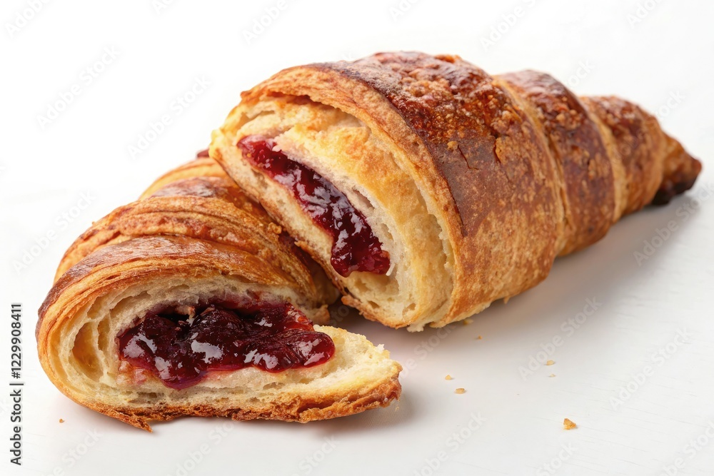 Jam-filled croissant with golden brown edges, baked goods, golden brown, sweet indulgence Jam-filled croissant with golden brown edges, baked goods, golden brown, sweet indulgence