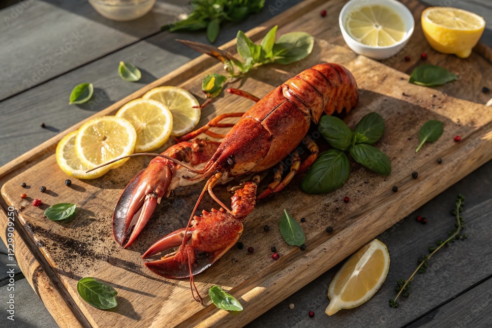 Aerial View: Luxury Roasted Lobster with Lemon & Basil Garnish - Shallow Depth of Field Aerial View: Luxury Roasted Lobster with Lemon & Basil Garnish - Shallow Depth of Field