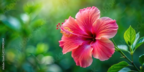 Large hibiscus flower with five petals in full bloom on a green stem, botanical garden, garden flower, flower bouquet, blooming flower photo