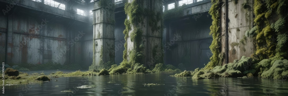 Lichen-covered walls of a flooded reactor building, reactor building, moss-covered walls Lichen-covered walls of a flooded reactor building, reactor building, moss-covered walls