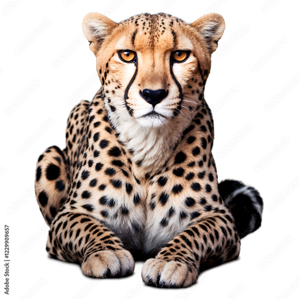 Portrait of a cheetah sitting with a long spotted tail, highlighting the animal's powerful build and striking coat, isolated on a clean PNG background, perfect for nature-themed designs, wildlife illu Portrait of a cheetah sitting with a long spotted tail, highlighting the animal's powerful build and striking coat, isolated on a clean PNG background, perfect for nature-themed designs, wildlife illu
