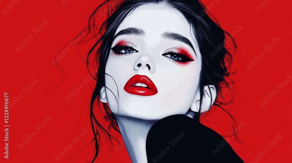 An artistic portrait of a woman adorned with elegant makeup, showcasing bold lips and striking eye shadow, set against a minimalist background to emphasize her features. An artistic portrait of a woman adorned with elegant makeup, showcasing bold lips and striking eye shadow, set against a minimalist background to emphasize her features.