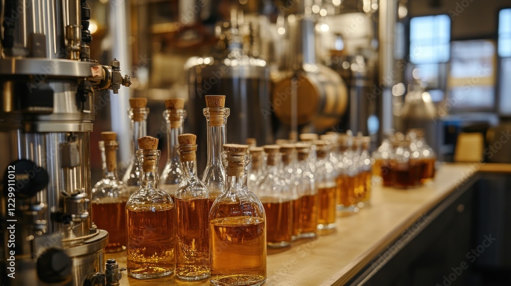 Bottles of Amber Liquid on Wooden Countertop in a Distillery Bottles of Amber Liquid on Wooden Countertop in a Distillery