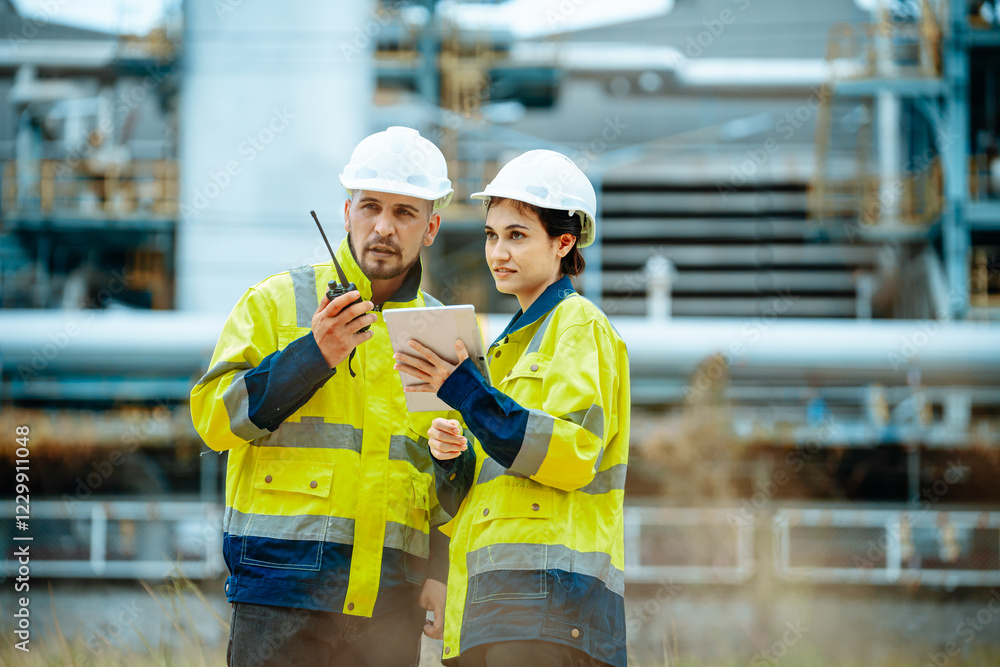 Construction workers collaborate on site with technology during daylight hours Construction workers collaborate on site with technology during daylight hours