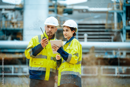 Construction workers collaborate on site with technology during daylight hours