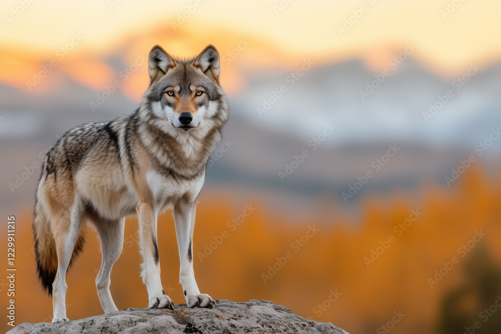 Majestic gray wolf standing on rocky terrain with intense gaze against autumn mountain backdrop Majestic gray wolf standing on rocky terrain with intense gaze against autumn mountain backdrop