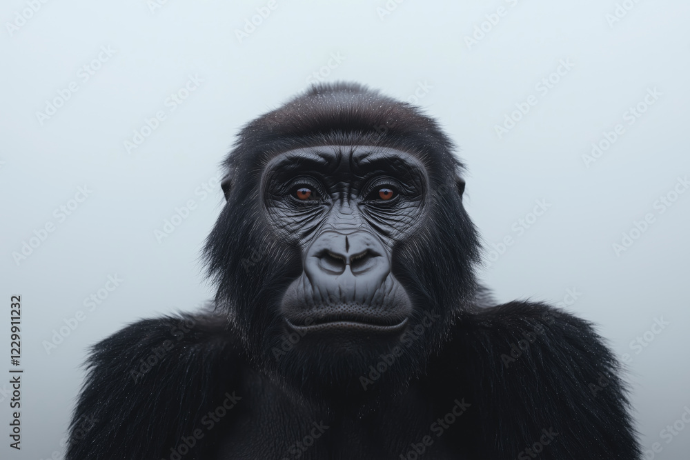 Obraz premium Portrait of a black gorilla staring intensely with deep brown eyes, set against a soft misty background 