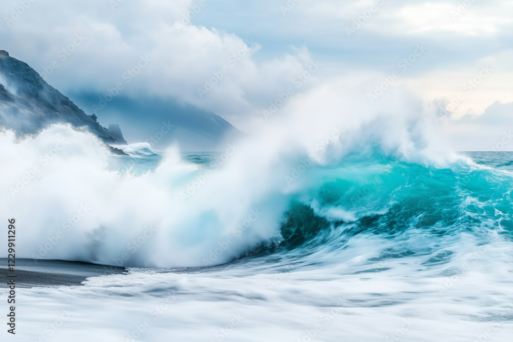 Obraz premium Massive turquoise ocean wave crashing on black sand beach with misty mountains in background