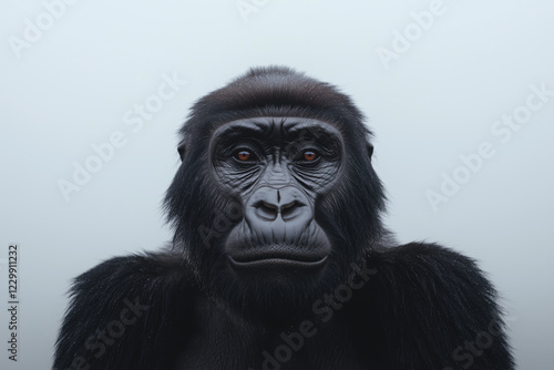 Portrait of a black gorilla staring intensely with deep brown eyes, set against a soft misty background  photo