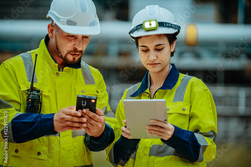 Картината върху платно Construction workers use technology to enhance safety and communication at a wor