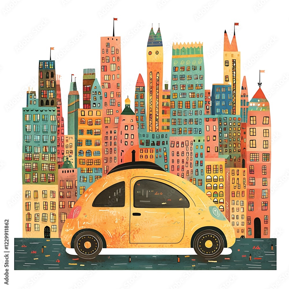 Obraz premium Whimsical Cityscape with Yellow Car Illustration.