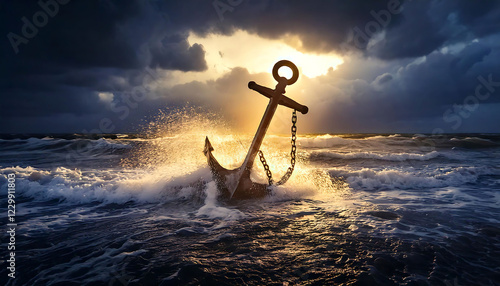Dramatic sunset seascape featuring a large anchor in turbulent waves.