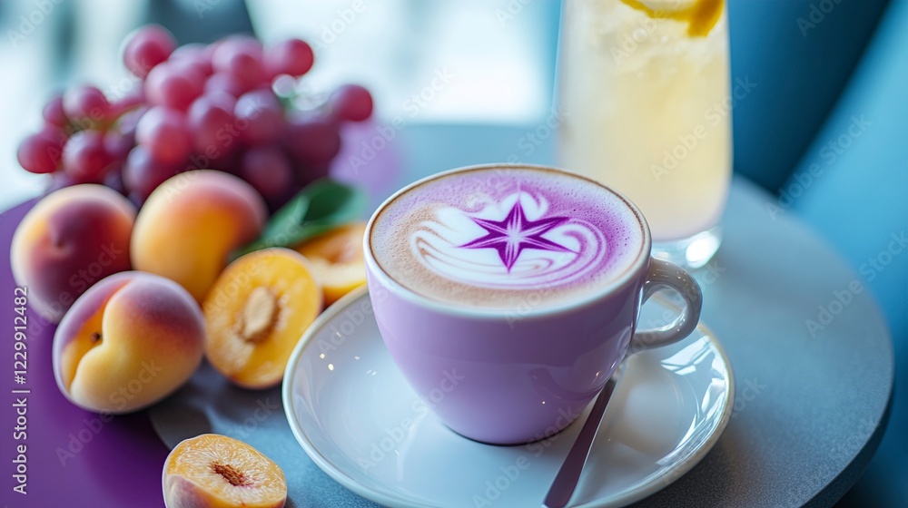Lavender Latte with Peaches and Grapes, Elegant Breakfast Scene Lavender Latte with Peaches and Grapes, Elegant Breakfast Scene