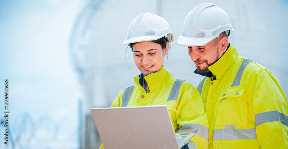 Engineers collaborate on a laptop at a construction site in daylight with safety gear and focused expressions Engineers collaborate on a laptop at a construction site in daylight with safety gear and focused expressions