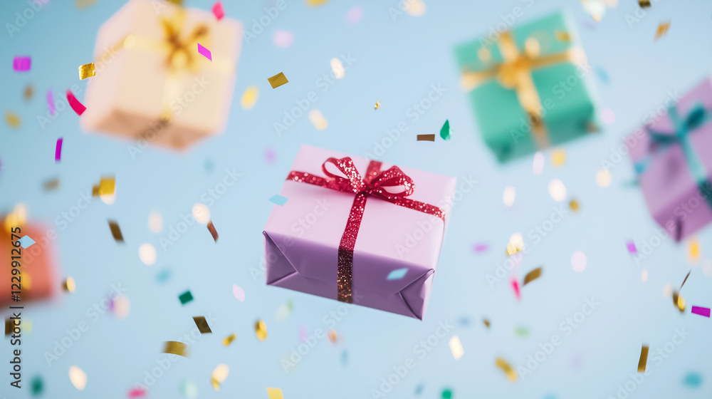 Colorful gift boxes with ribbons floating in a confetti-filled sky, showcasing a festive and celebratory atmosphere on a pastel blue background. Colorful gift boxes with ribbons floating in a confetti-filled sky, showcasing a festive and celebratory atmosphere on a pastel blue background.