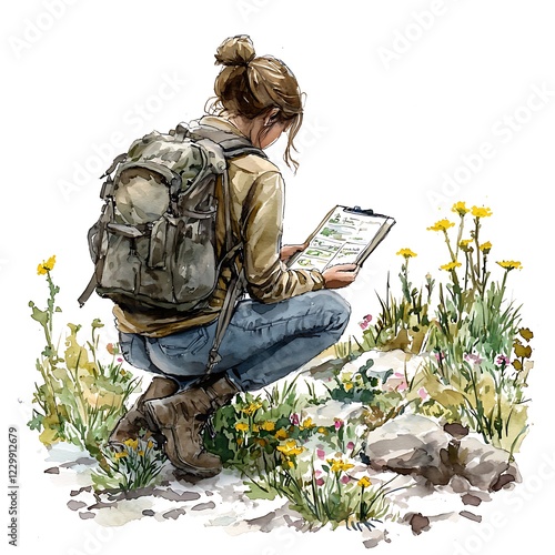 Woman Botanist Studying Wildflowers with Backpack and Field Guide