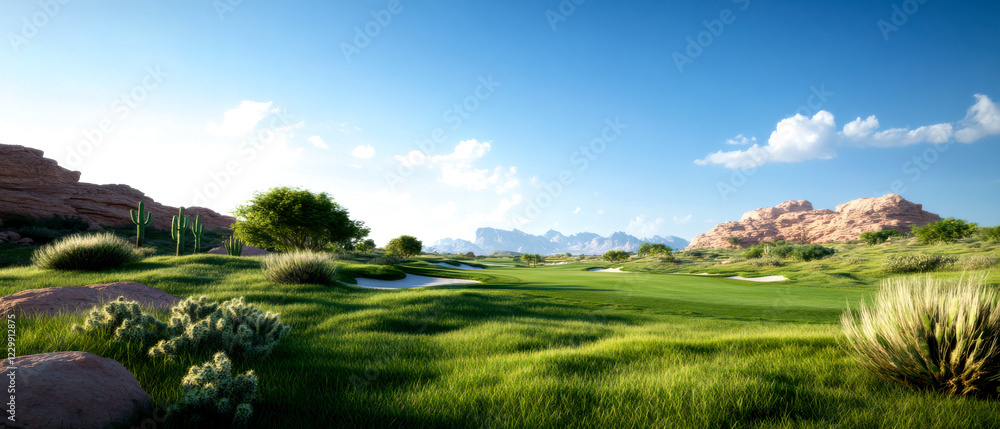 Obraz premium A scenic golf course landscape with lush green grass, rolling hills, and a clear blue sky, perfect for outdoor recreation and relaxation.
