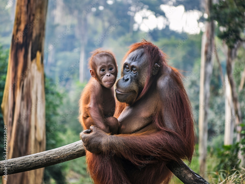Fototapeta premium Mother Orangutan Holding Baby in Lush Green Jungle