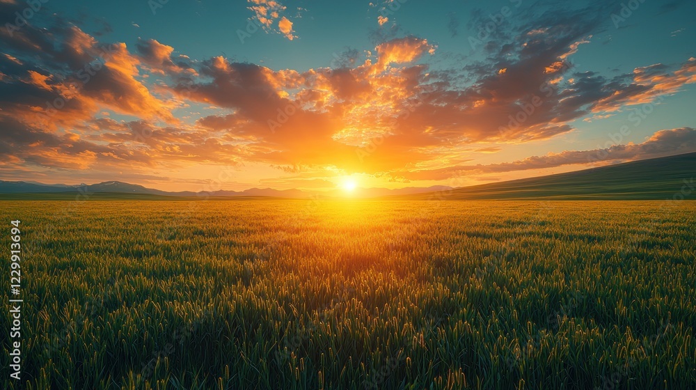 Sunset over a vast golden wheat field and distant mountains Sunset over a vast golden wheat field and distant mountains