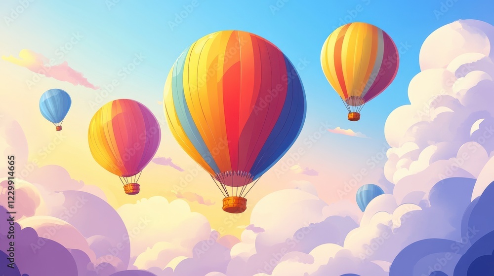 Obraz premium Colorful Hot Air Balloons Floating in a Bright Blue Sky with Clouds
