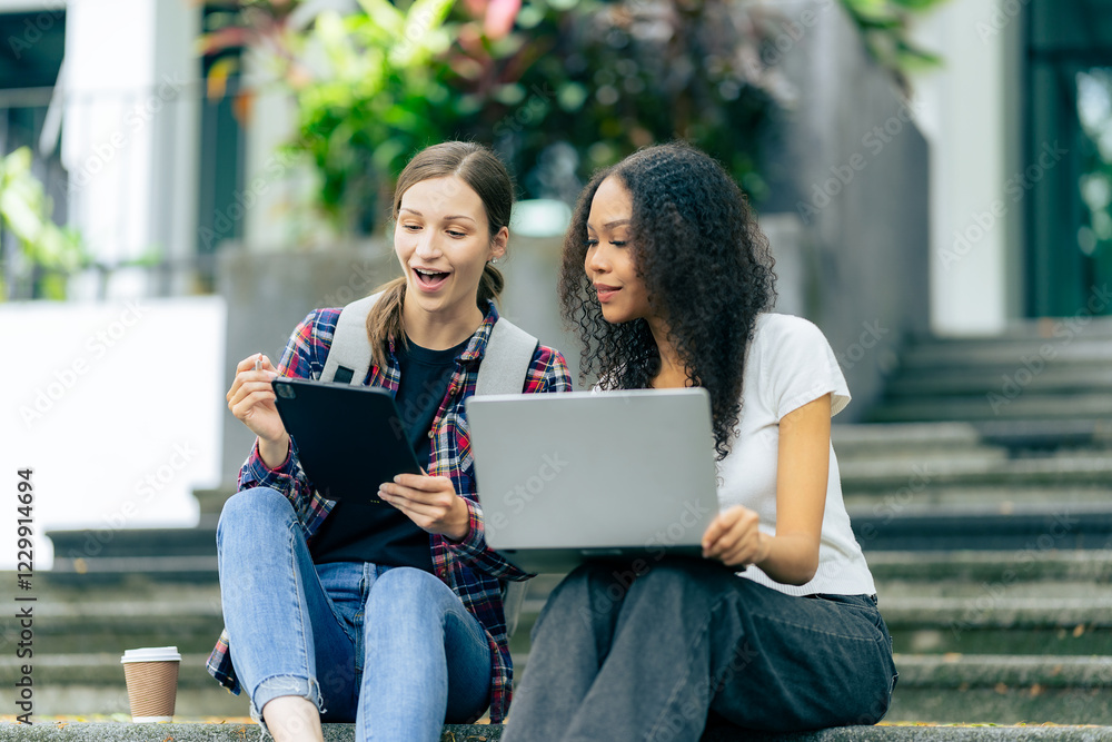 Diverse young university students working outdoors using laptops and tablets together discussing technology learning concepts.