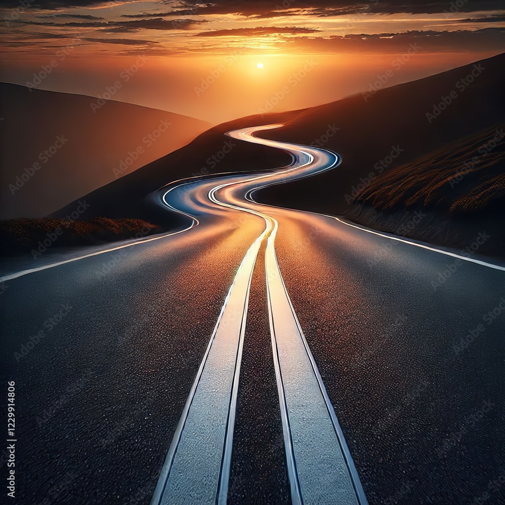 Naklejka premium winding road in the sunset, taken from a head-on perspective