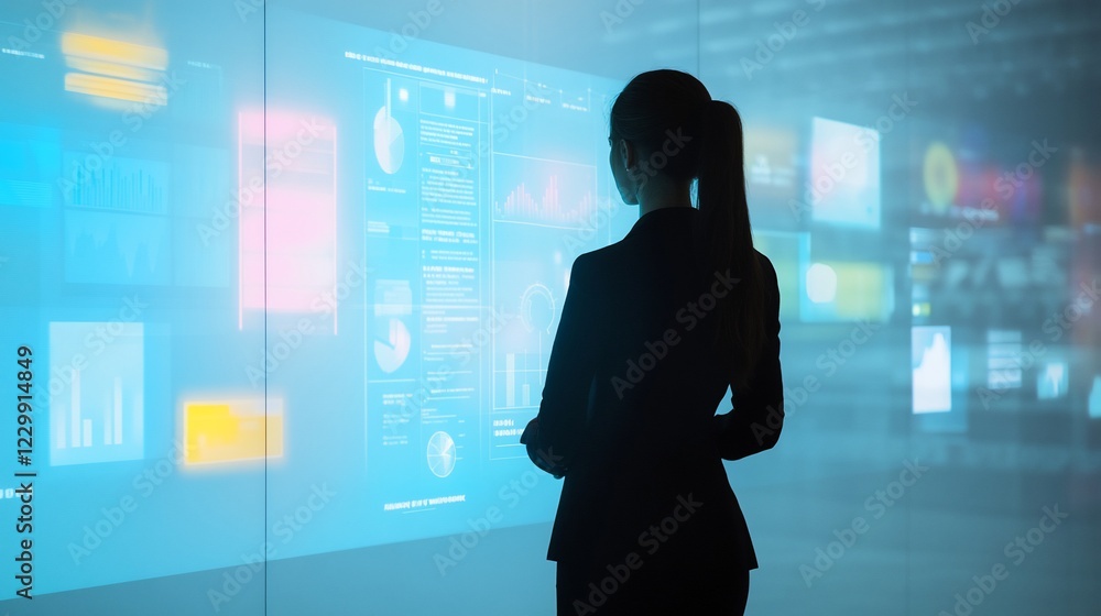 Fototapeta premium Woman Analyzing Data on Futuristic Holographic Interface
