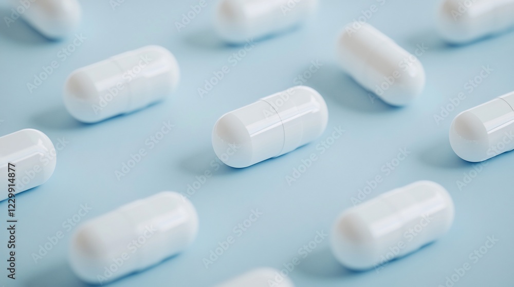 White Capsules on Light Blue Background: A Close-Up View of Medicine White Capsules on Light Blue Background: A Close-Up View of Medicine