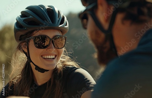 a happy young couple riding road bikes and talking to each other, wearing helmets and glasses