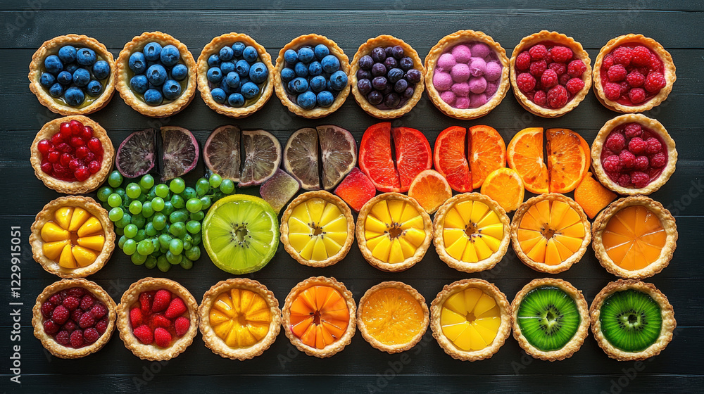 Fruit Tart, A vibrant flat lay image showcasing multiple fruit tarts, highlighting their textures and colors in a high-fidelity resolution, perfect for culinary content. Fruit Tart, A vibrant flat lay image showcasing multiple fruit tarts, highlighting their textures and colors in a high-fidelity resolution, perfect for culinary content.