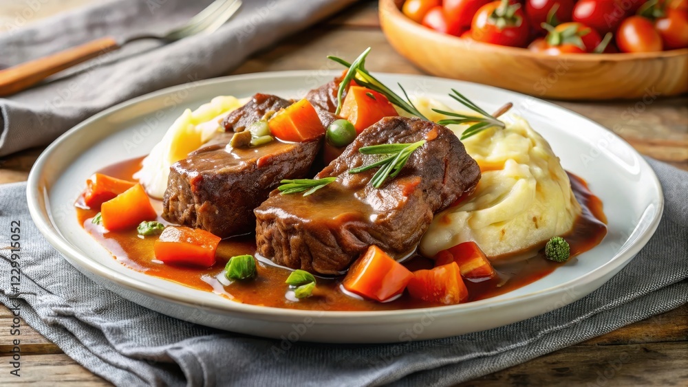A plate of braised beef with saut?ed vegetables and mashed potatoes in a savory sauce, sauce, umami, sauce A plate of braised beef with saut?ed vegetables and mashed potatoes in a savory sauce, sauce, umami, sauce