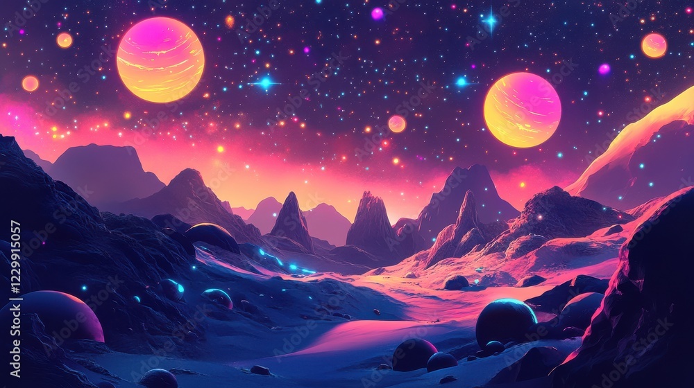 Colorful Space Landscape with Planets and Stars in a Surreal Scene Colorful Space Landscape with Planets and Stars in a Surreal Scene