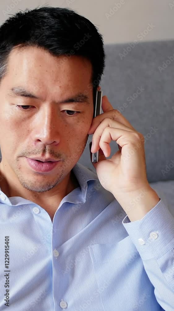 Man talking on mobile phone in living room Man talking on mobile phone in living room