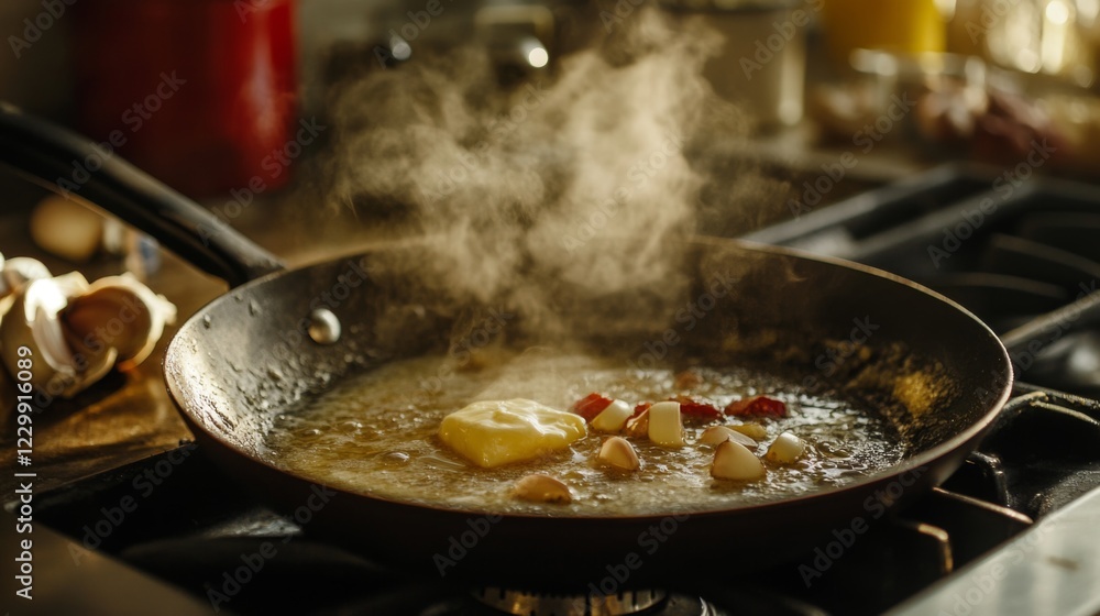 An inviting shot of a hot skillet with melted butter and garlic sizzling, perfect for preparing delicious dishes, set against a bright kitchen backdrop. An inviting shot of a hot skillet with melted butter and garlic sizzling, perfect for preparing delicious dishes, set against a bright kitchen backdrop.