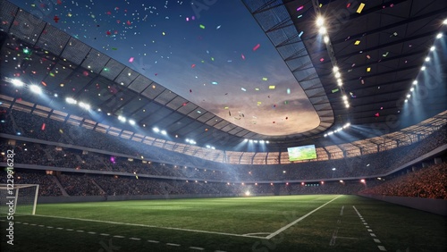 Overwhelming lights and colorful confetti illuminate an empty but elegant stadium conveying a sense of excitement and anticipation, excited, stadium, confetti, anticipatory photo