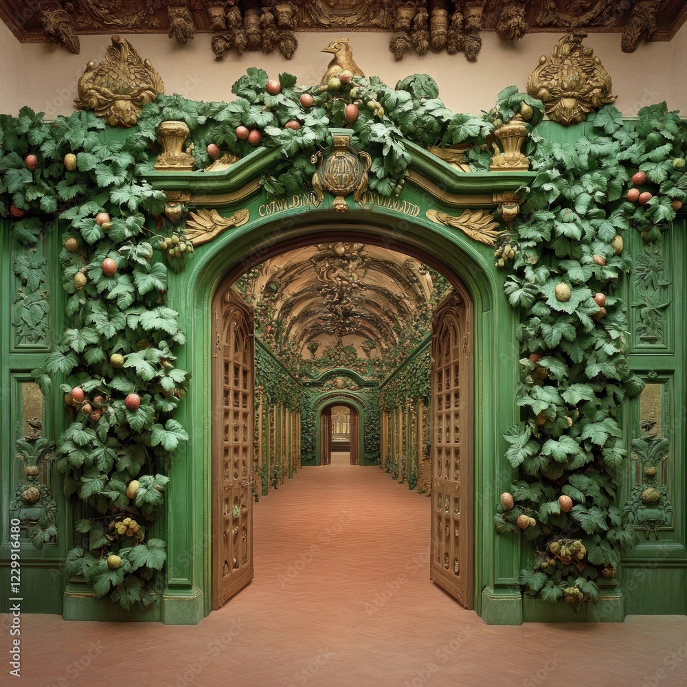 Fototapeta premium Ornate Green Doorway With Vines And Fruit Decor