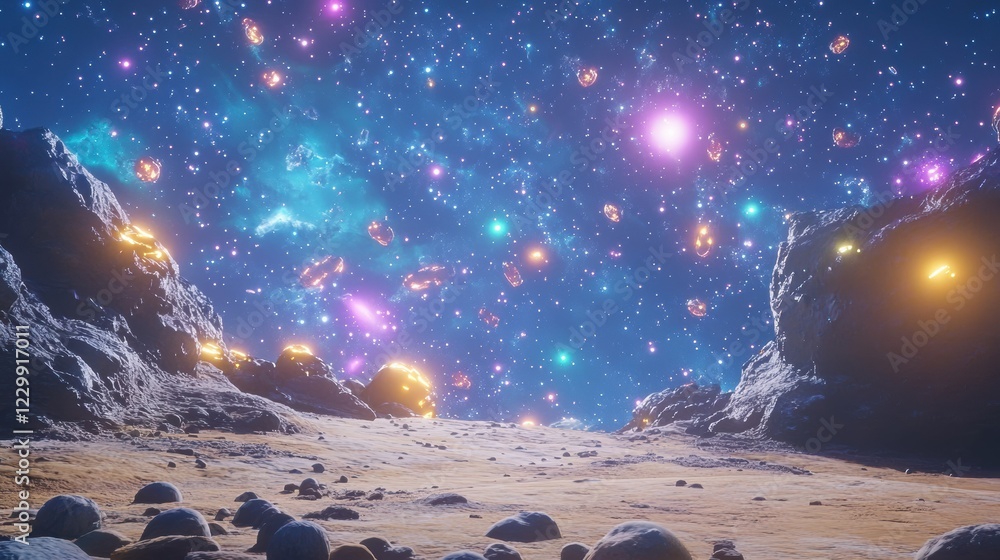 Obraz premium Cosmic Landscape with Stars and Colorful Nebula Effects