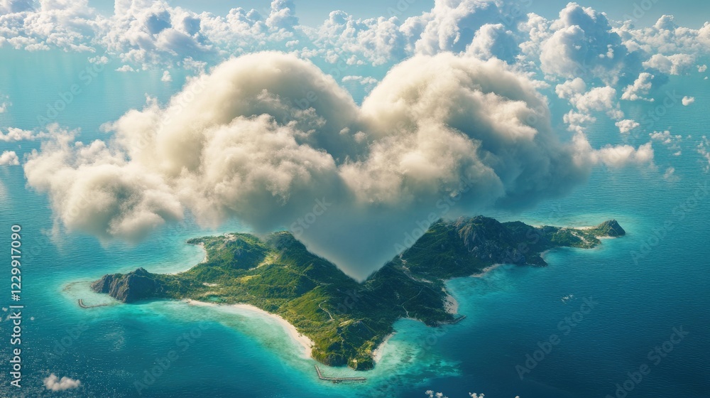 Naklejka premium A giant fluffy heart cloud appearing above a breathtaking tropical island.