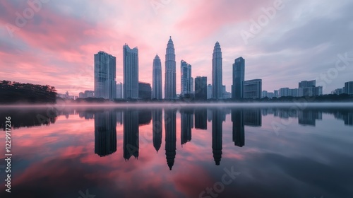 A skyline view of a modern city reflected in a calm river.